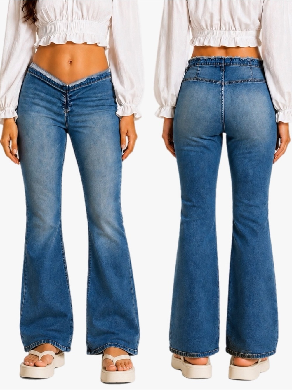 Y2K Style Retro V Waist Dip Raw Hem Pocketless Flare Pull On Jeans Juniors 13